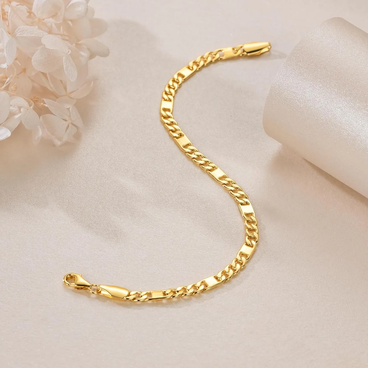 14K Gold Bracelets for Women Mens Bracelet Flat Figaro Chain 14K Gold Chain Bracelet for Womens Trendy Stackable Bracelets for Women 5 Sizes