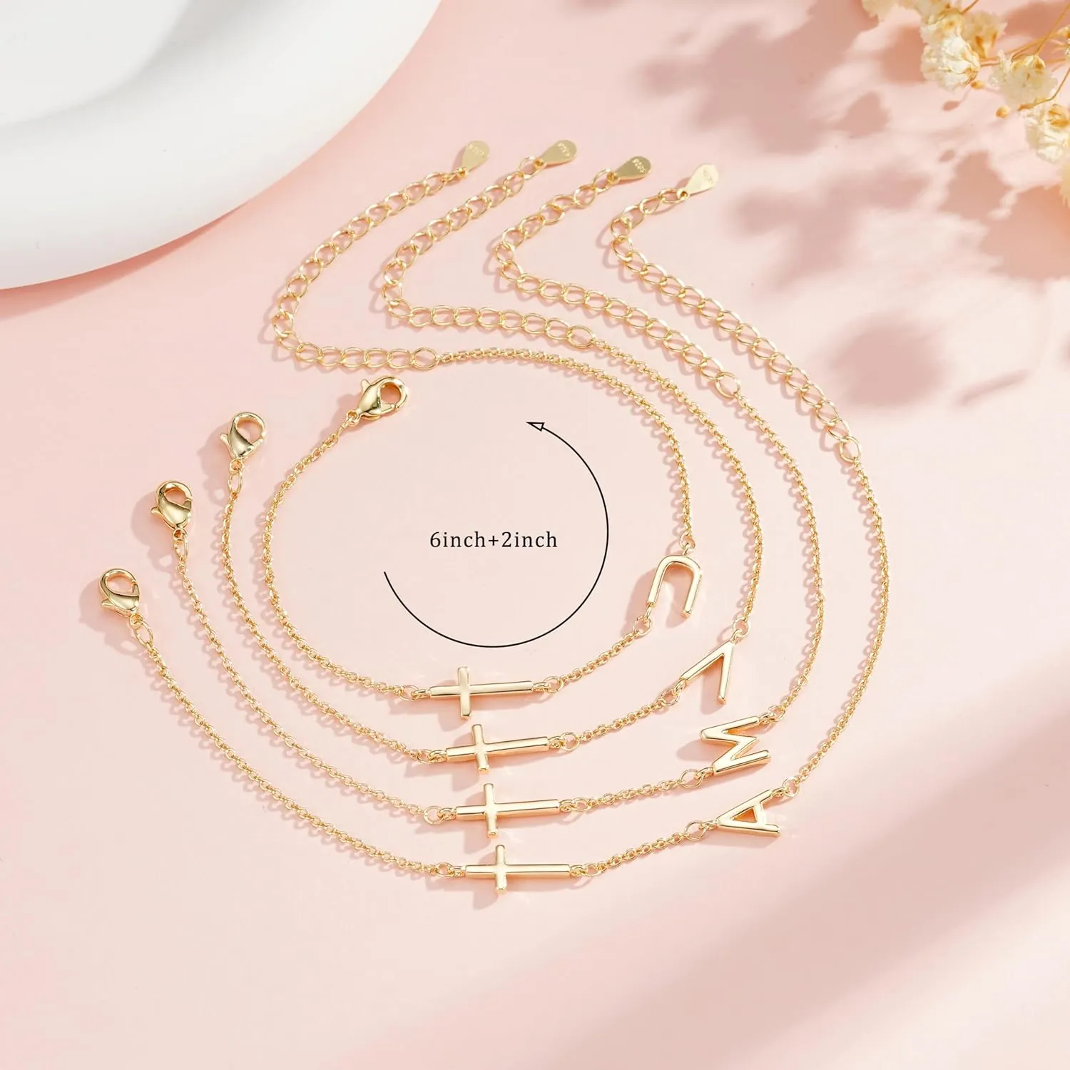 14K Gold Filled Initial Cross Bracelet,Sterling Silver Cross Bracelet Minimalist Tiny A-Z Letter Gold Chain Bracelet For Women Dainty Cross Jewelry Christian Gifts