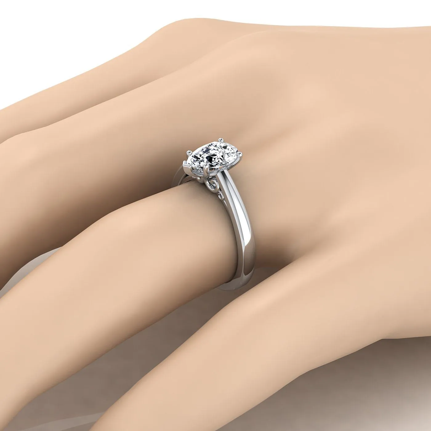18K White Gold Pear Shape Center Scroll Gallery Comfort Fit Solitaire Engagement Ring