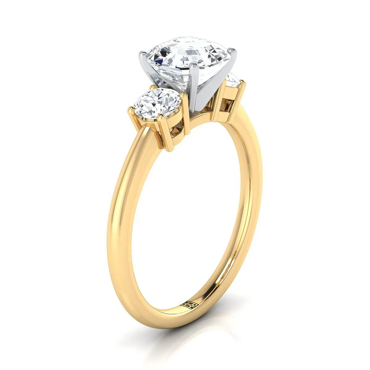 18K Yellow Gold Asscher Cut Diamond Perfectly Matched Round Three Stone Diamond Engagement Ring -1/4ctw