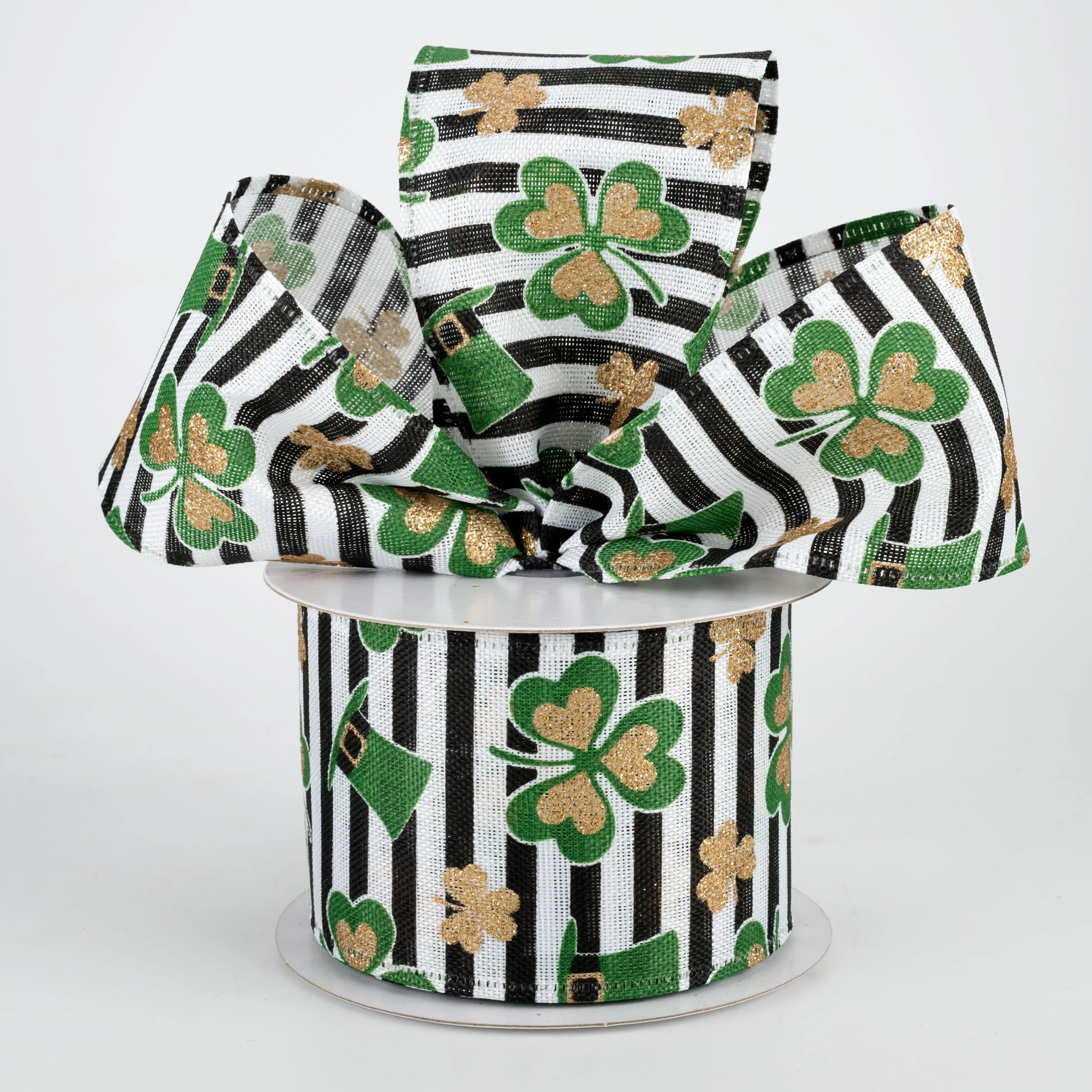 2.5" St. Patrick's Clovers & Hats Stripe Ribbon: White (10 Yards)