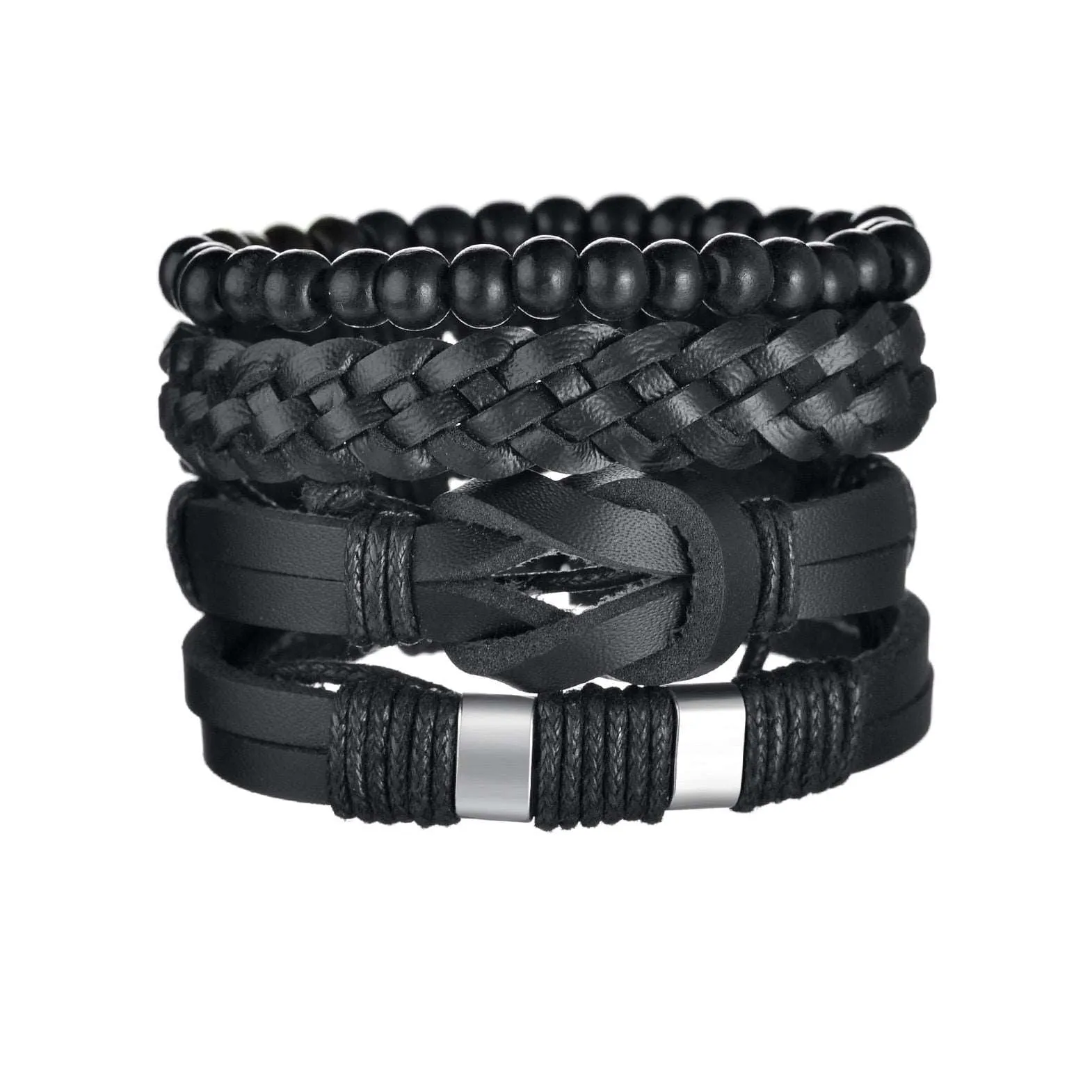 3/4Pcs/ Set  Braided Wrap Leather Bracelet for Men Vintage Life Tree Guitar Wood Beads Fashion Male Bracelets Wristband