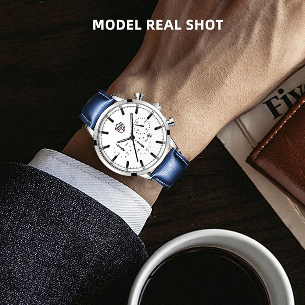 7 Colors Stainless Steel Leather Men's Casual Business Multifunctional Luminous Calendar Quartz Watch