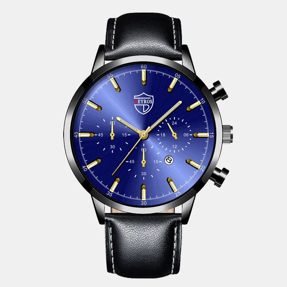 7 Colors Stainless Steel Leather Men's Casual Business Multifunctional Luminous Calendar Quartz Watch