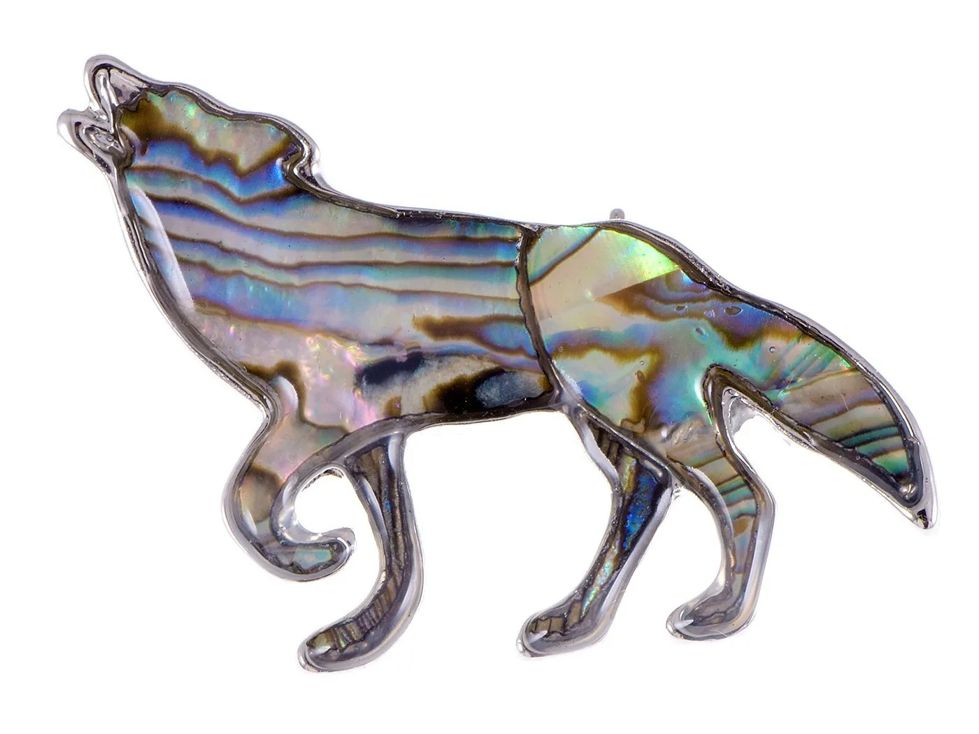 Alilang Silver Tone Abalone Multi Colored Stone Iridescent Wolf Coyote Brooch Pin