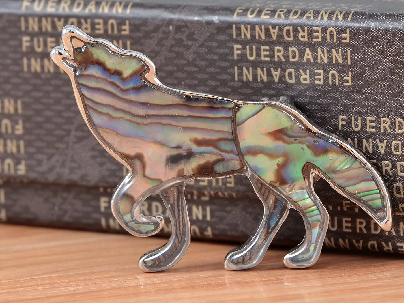Alilang Silver Tone Abalone Multi Colored Stone Iridescent Wolf Coyote Brooch Pin