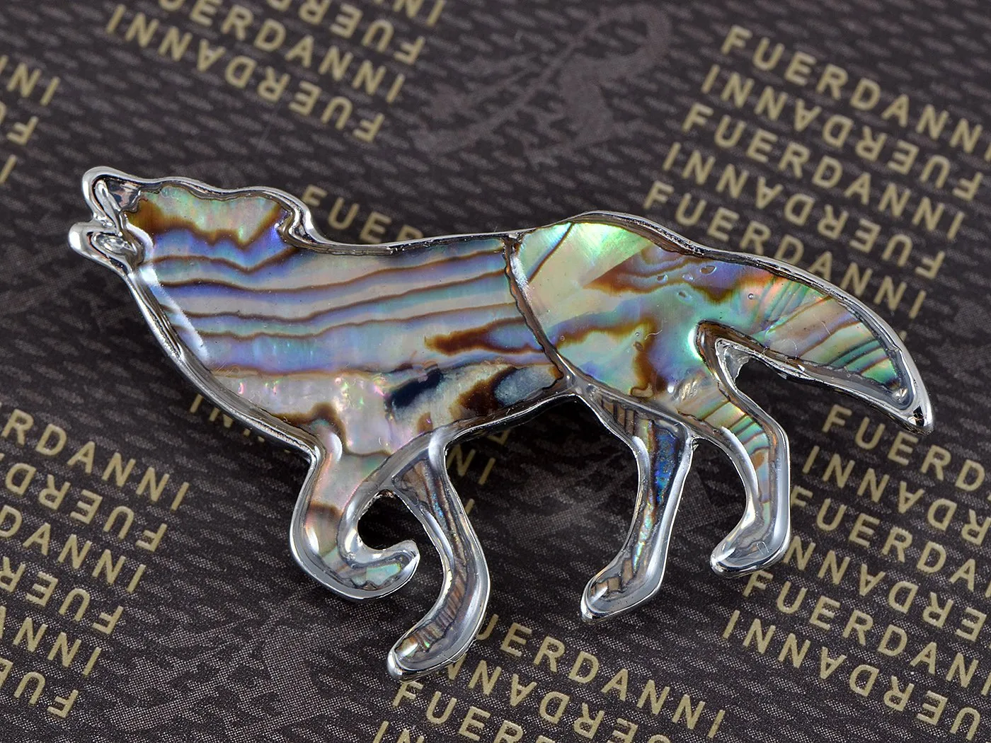 Alilang Silver Tone Abalone Multi Colored Stone Iridescent Wolf Coyote Brooch Pin