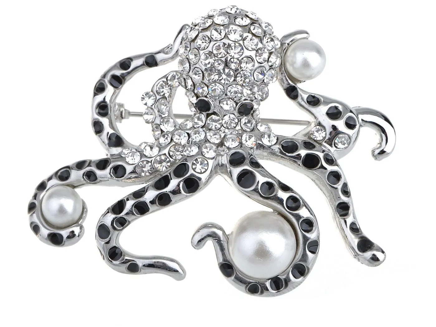 Alilang Silver Tone Faux Pearl Clear Crystal Colored Rhinestones Octopus Brooch Pin Black