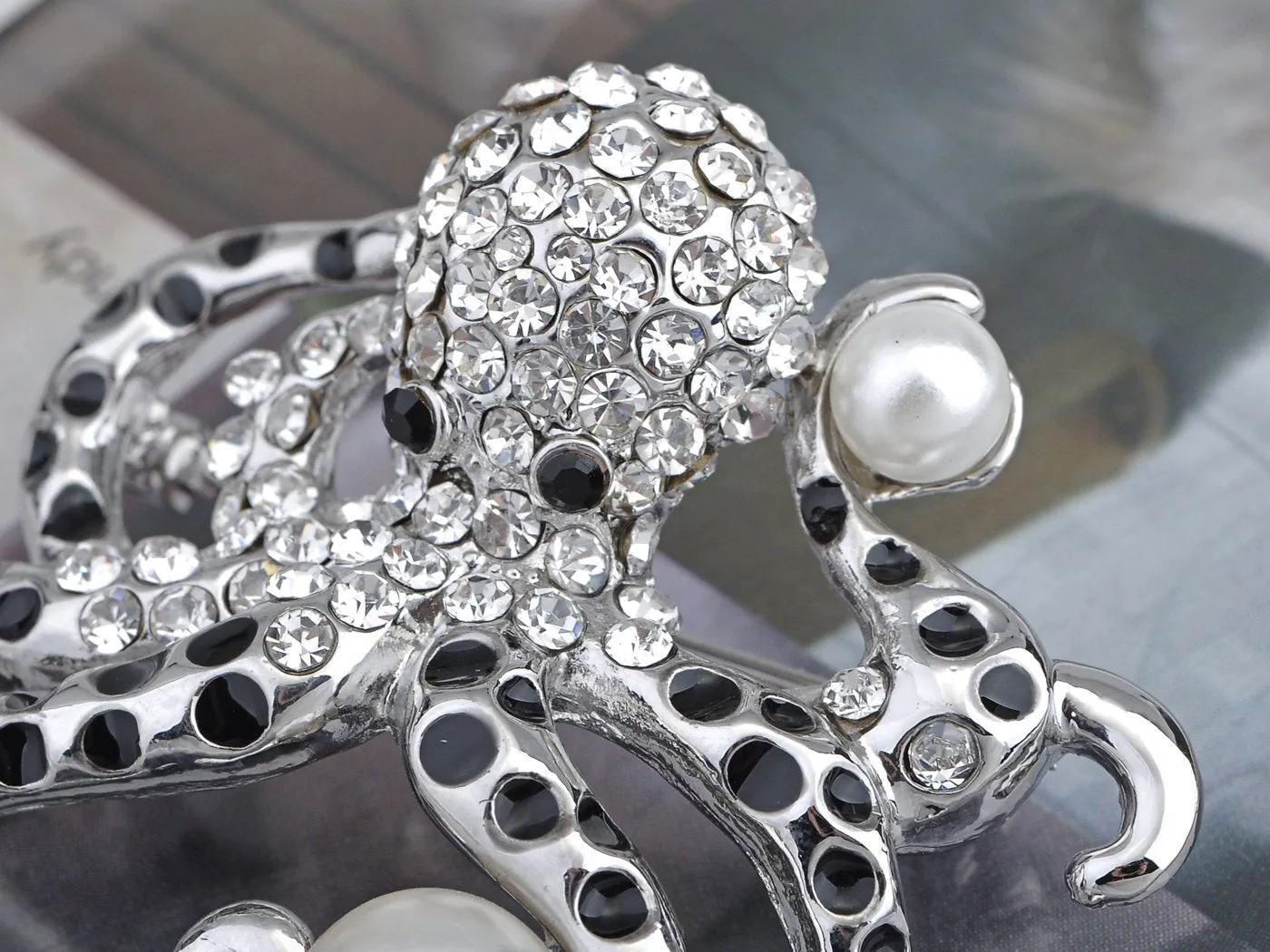 Alilang Silver Tone Faux Pearl Clear Crystal Colored Rhinestones Octopus Brooch Pin Black