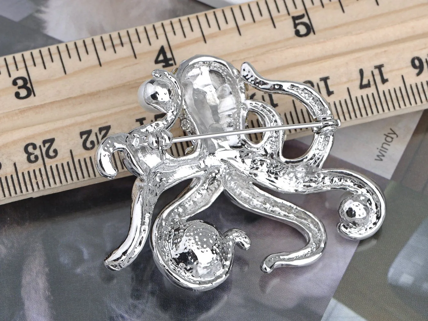 Alilang Silver Tone Faux Pearl Clear Crystal Colored Rhinestones Octopus Brooch Pin Black
