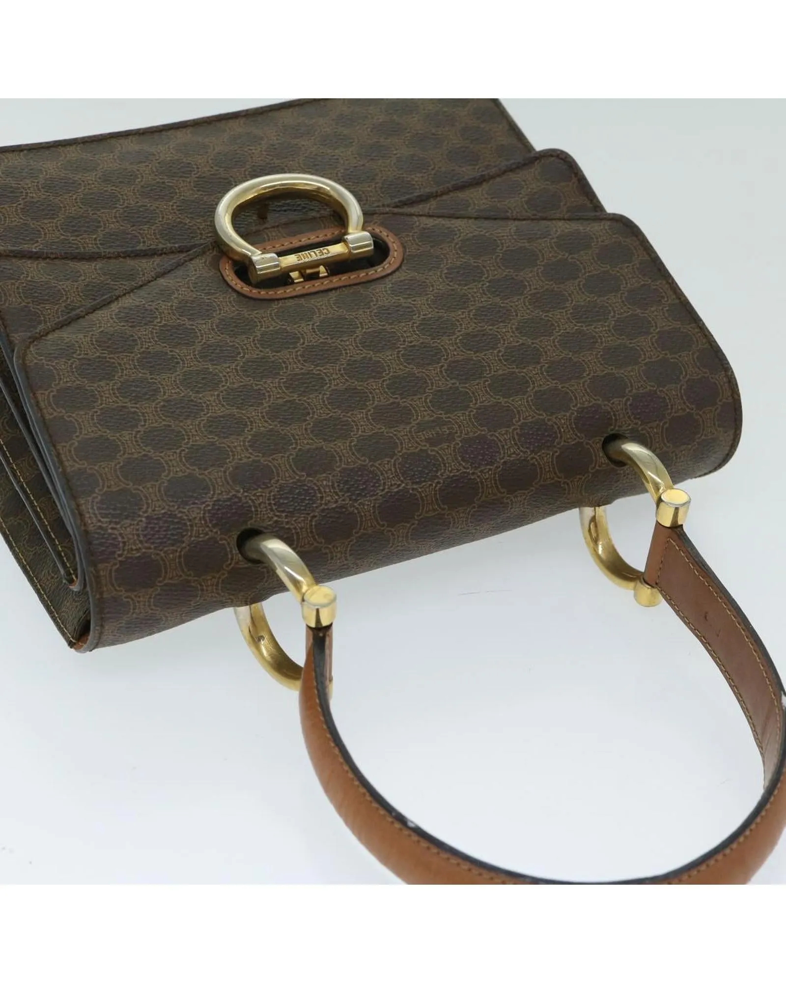 Authentic Celine Brown Canvas Handbag with Macadam Print