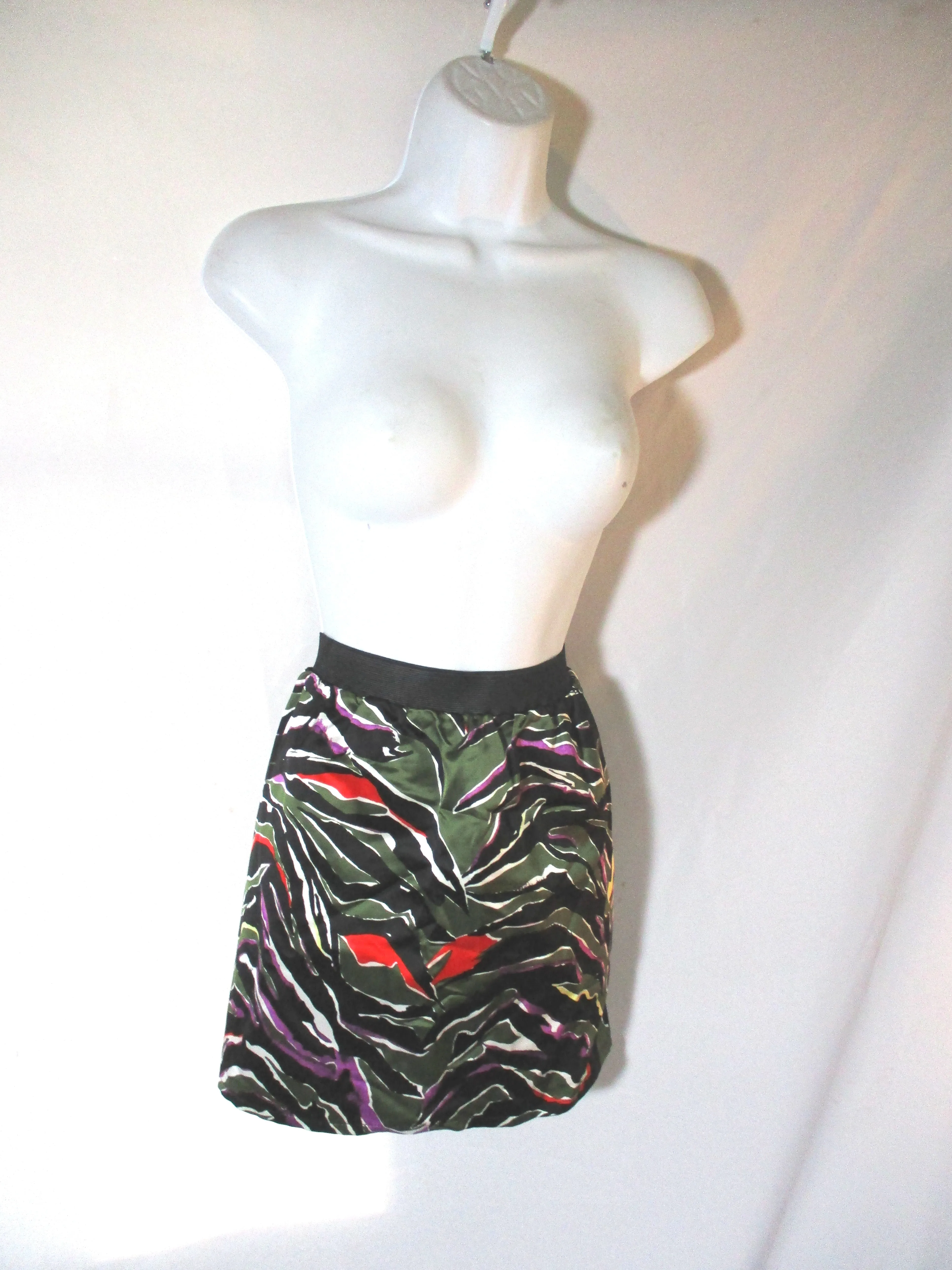 BALENCIAGA Mini Skirt 40 GREEN BLACK TIGER STRIPE RED WHITE WOMENS