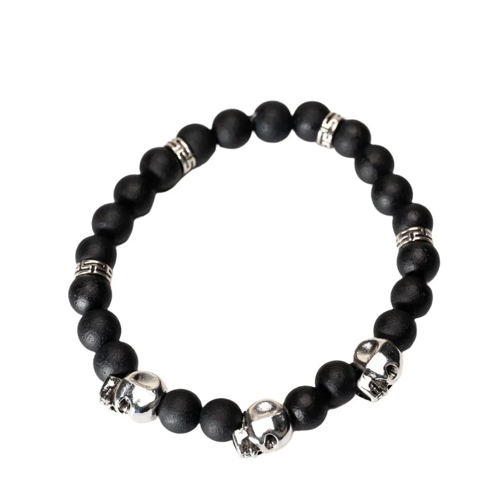 Black Glass & Silver Metal Skull Bracelet NEW
