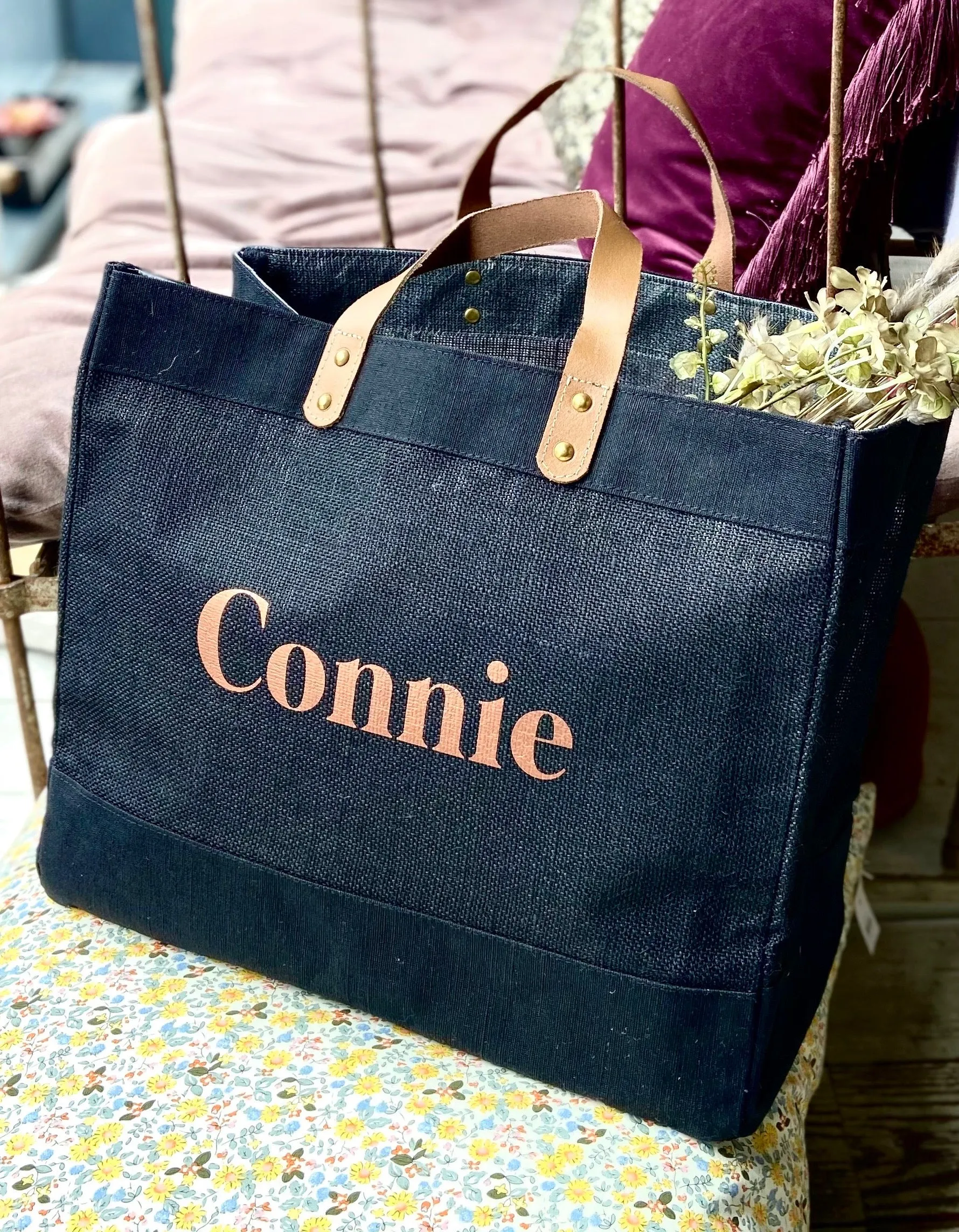 Black, Leather And Bronze Jute Shopper