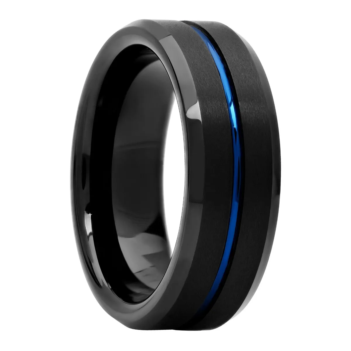 Black Matte Finish  Tungsten  Blue Center Grooved Fashion Band, 8mm