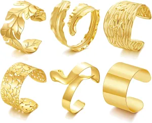 BROCC 6PCS Gold Plated Hammered Cuff Bangle Bracelet for Women Irregular Minimalist Open Bangle Bracelet Wide Open Cuff Adjustable Wrap Bracelet