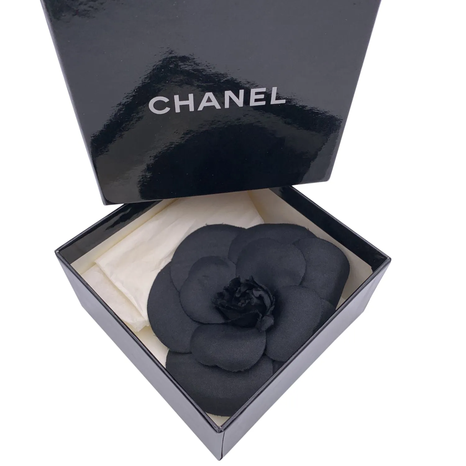 Chanel Vintage Black Silk Camelia Pin Camellia Flower Brooch