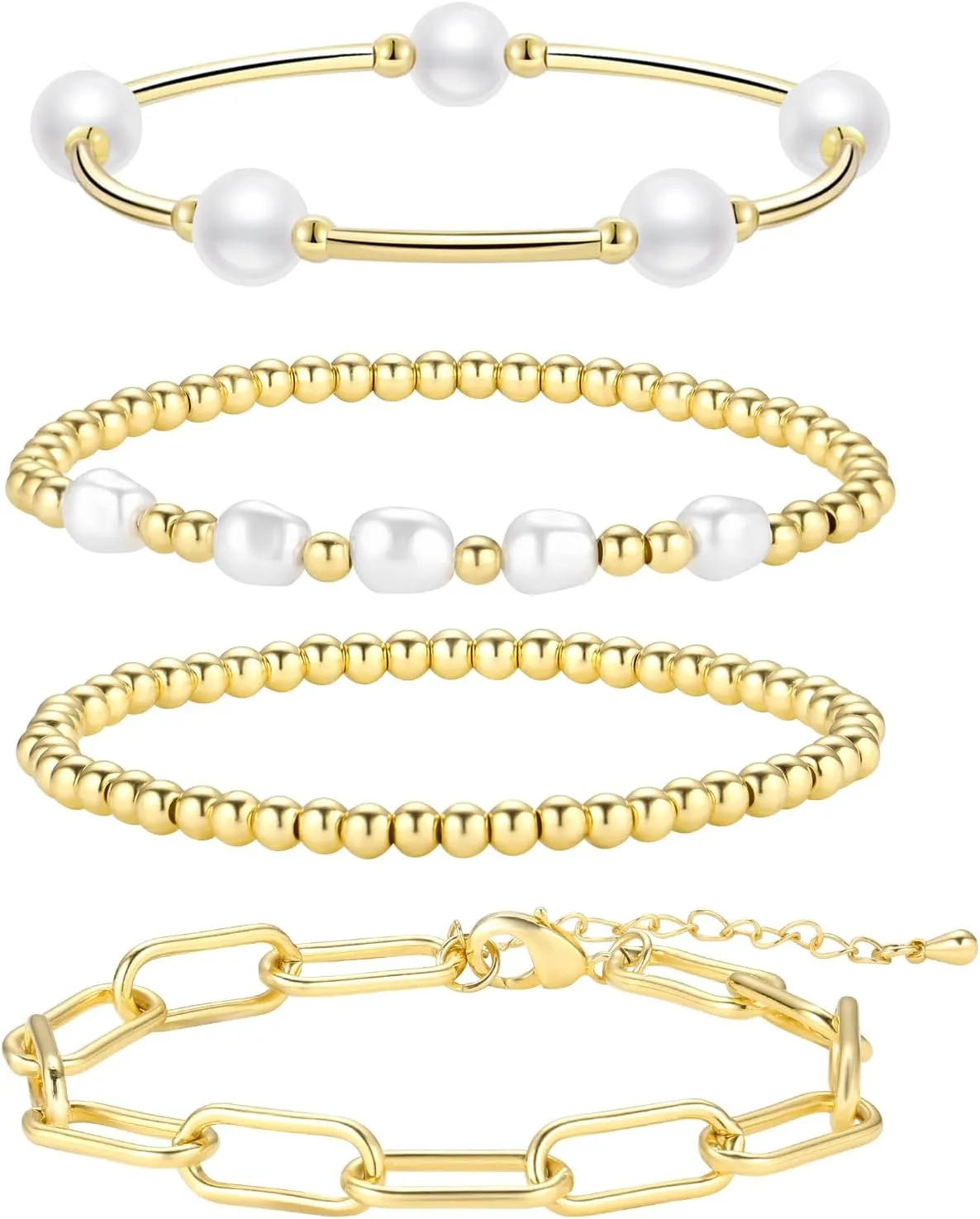 Funtopia Gold Pearl Bracelets Set for Women, Trendy 14K Gold Plated Stackable Link Bracelets, Dainty Bracelet Stack, Beaded Bracelets Jewelry Set Fashion Accessories for Women