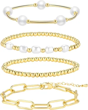 Funtopia Gold Pearl Bracelets Set for Women, Trendy 14K Gold Plated Stackable Link Bracelets, Dainty Bracelet Stack, Beaded Bracelets Jewelry Set Fashion Accessories for Women