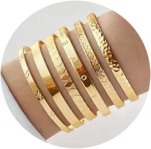 Gold Bangle Bracelets for Women, 14k Gold Plated Multi Layer Cuff Bangles Set, Stackable Boho Non Tarnish Elegance Smooth Bangle Jewelry Gifts for Her