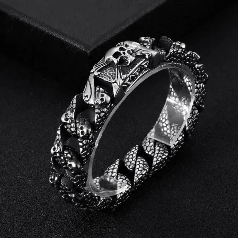 Gothic Men's Skull Bracelet - Stainless Steel Franco Curb Chain Skeleton