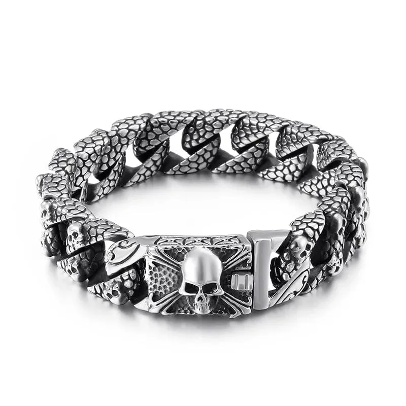 Gothic Men's Skull Bracelet - Stainless Steel Franco Curb Chain Skeleton