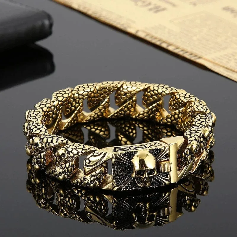 Gothic Men's Skull Bracelet - Stainless Steel Franco Curb Chain Skeleton
