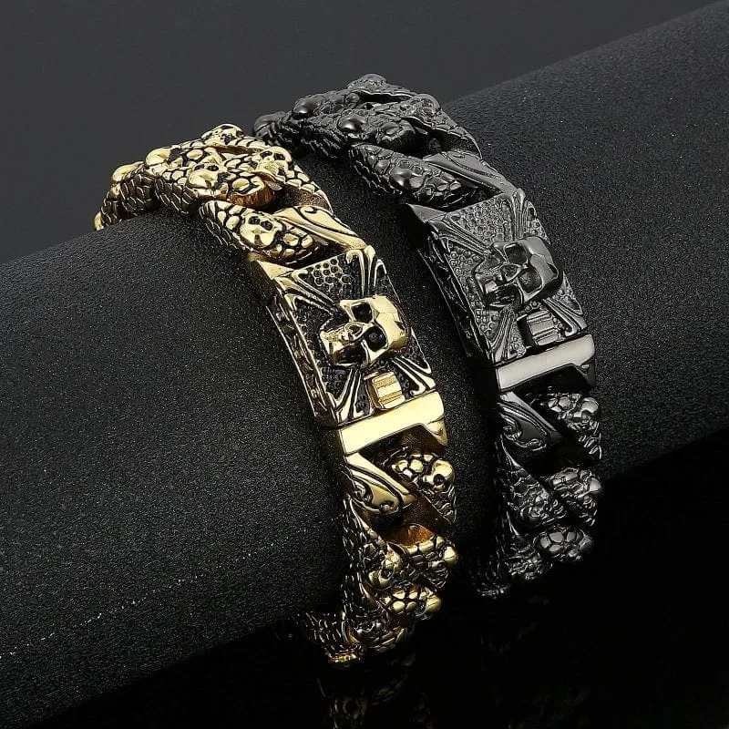 Gothic Men's Skull Bracelet - Stainless Steel Franco Curb Chain Skeleton