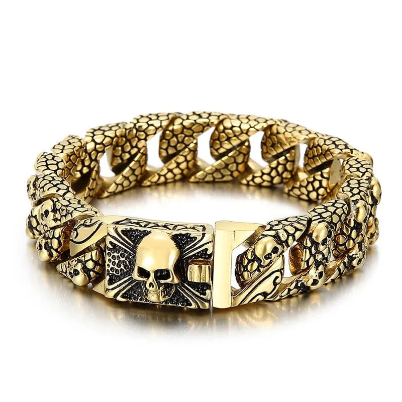 Gothic Men's Skull Bracelet - Stainless Steel Franco Curb Chain Skeleton