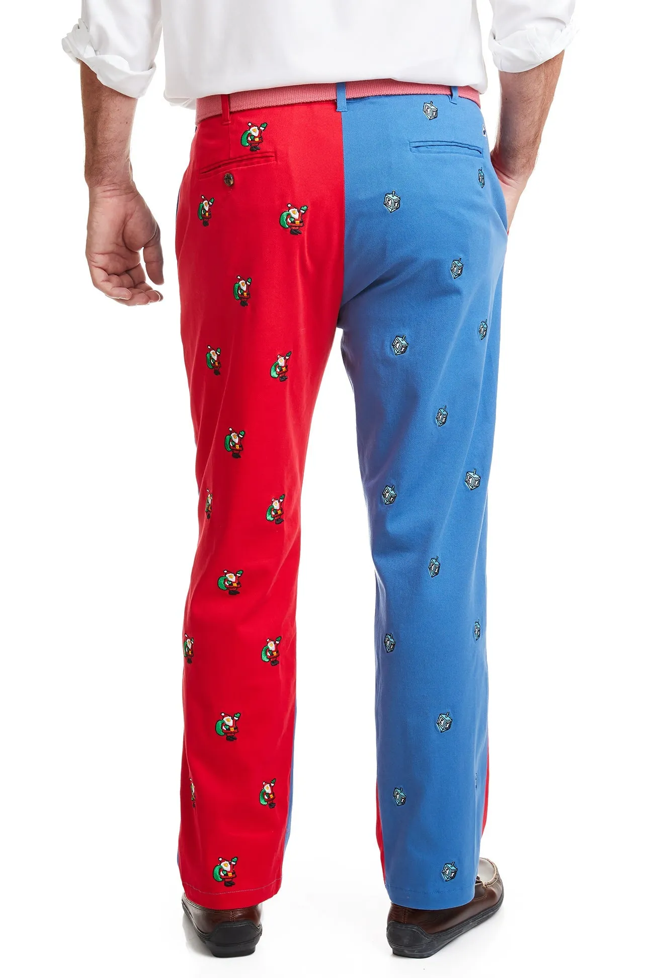 Harbor Pant Deep Ocean Blue and Bright Red Panel with Dreidel and Santa
