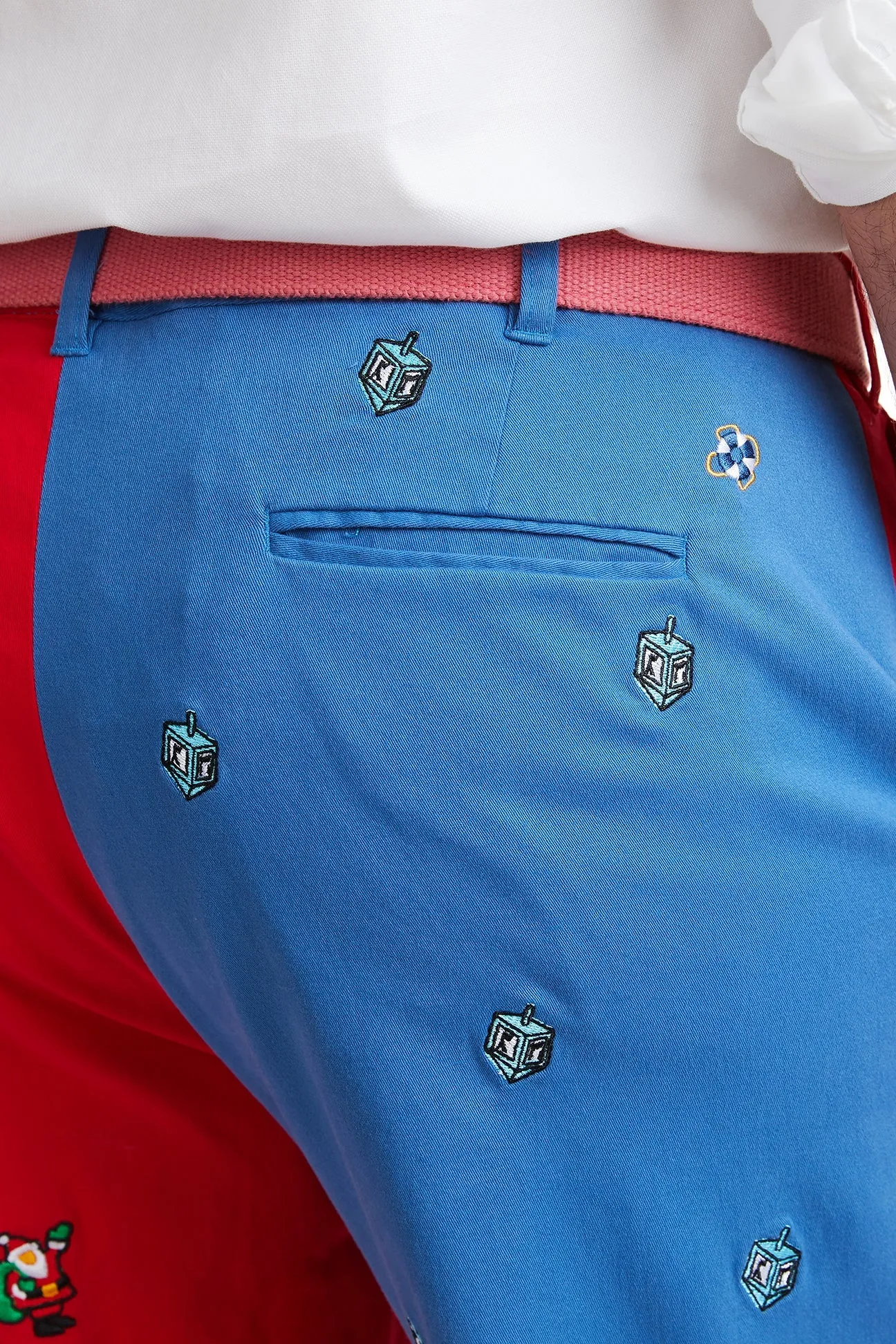 Harbor Pant Deep Ocean Blue and Bright Red Panel with Dreidel and Santa