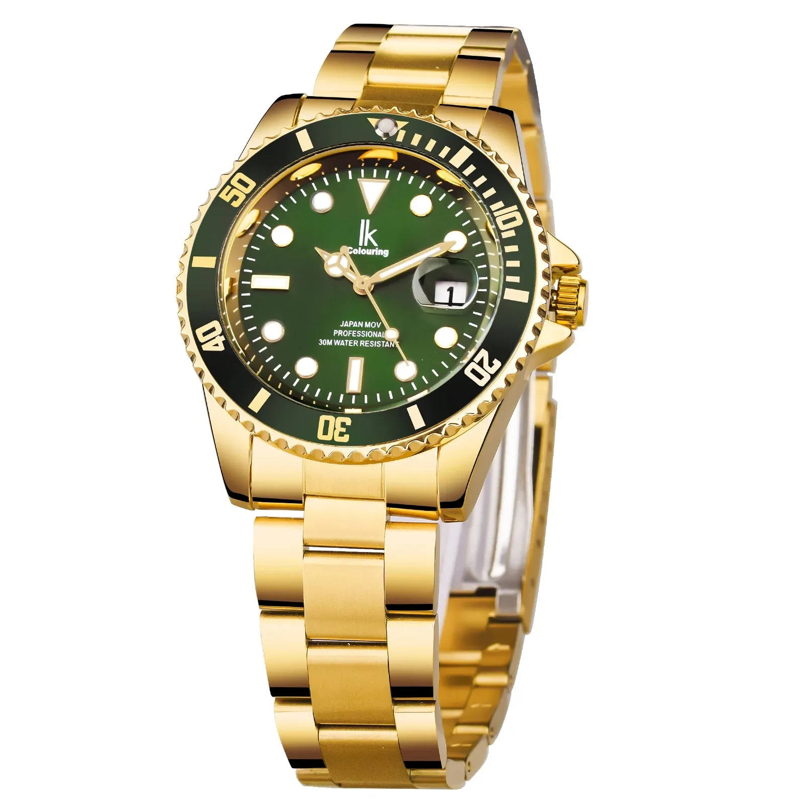 IK Coloring 2022 Luxury Brand Design Green Bezel Waterproof Clock Mens Quartz Golden Stainless Steel Calendar Sport Wristwatches