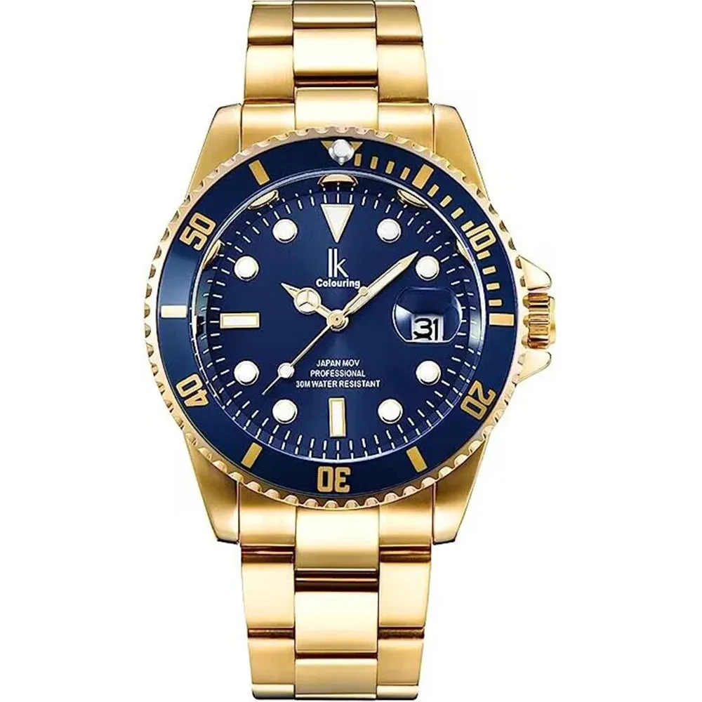 IK Coloring 2022 Luxury Brand Design Green Bezel Waterproof Clock Mens Quartz Golden Stainless Steel Calendar Sport Wristwatches