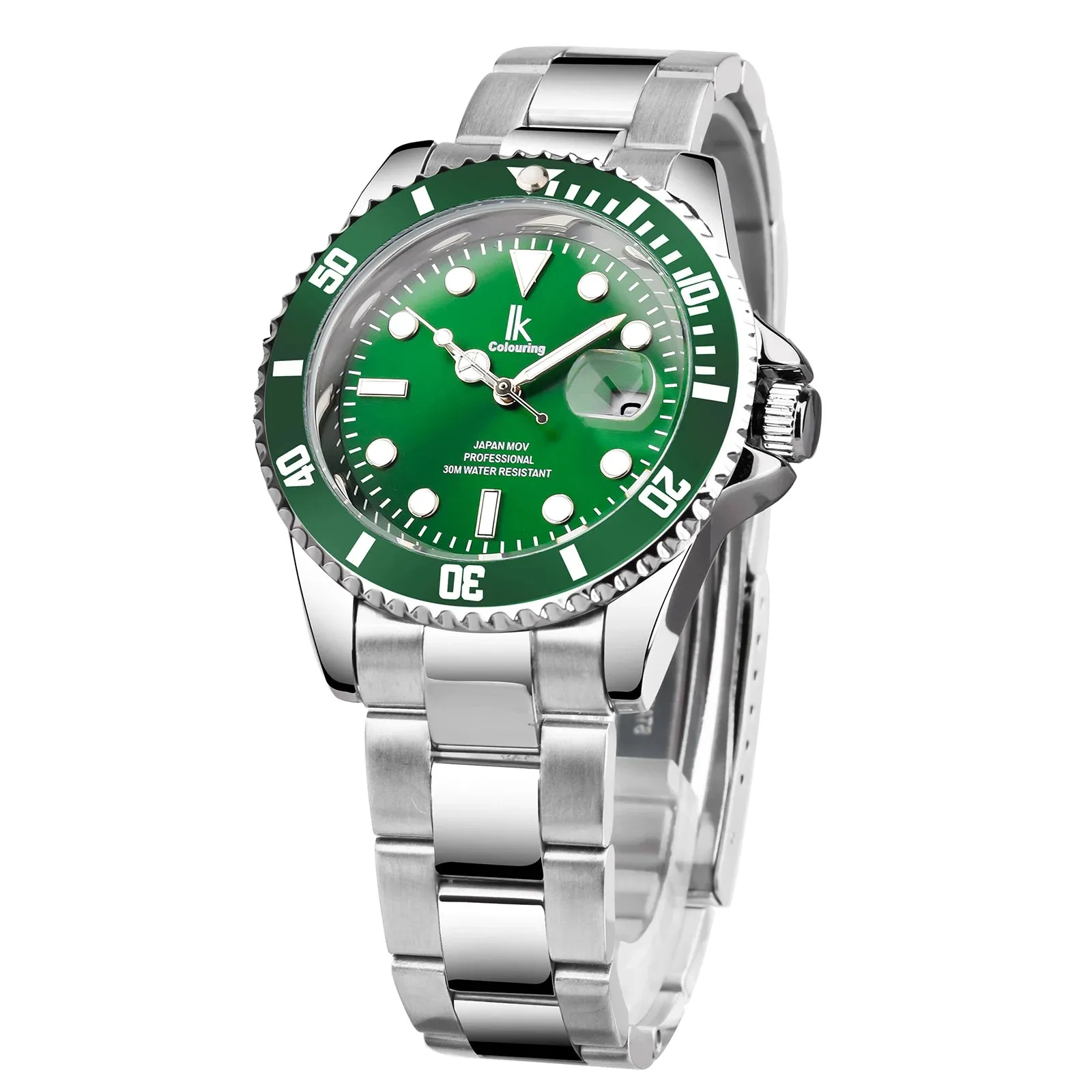 IK Coloring 2022 Luxury Brand Design Green Bezel Waterproof Clock Mens Quartz Golden Stainless Steel Calendar Sport Wristwatches