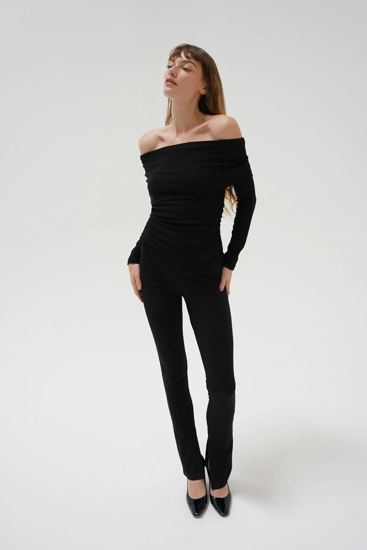 Liya Ribbed Fold Over Top - Black