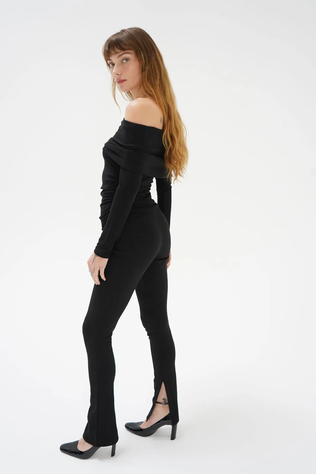 Liya Ribbed Fold Over Top - Black