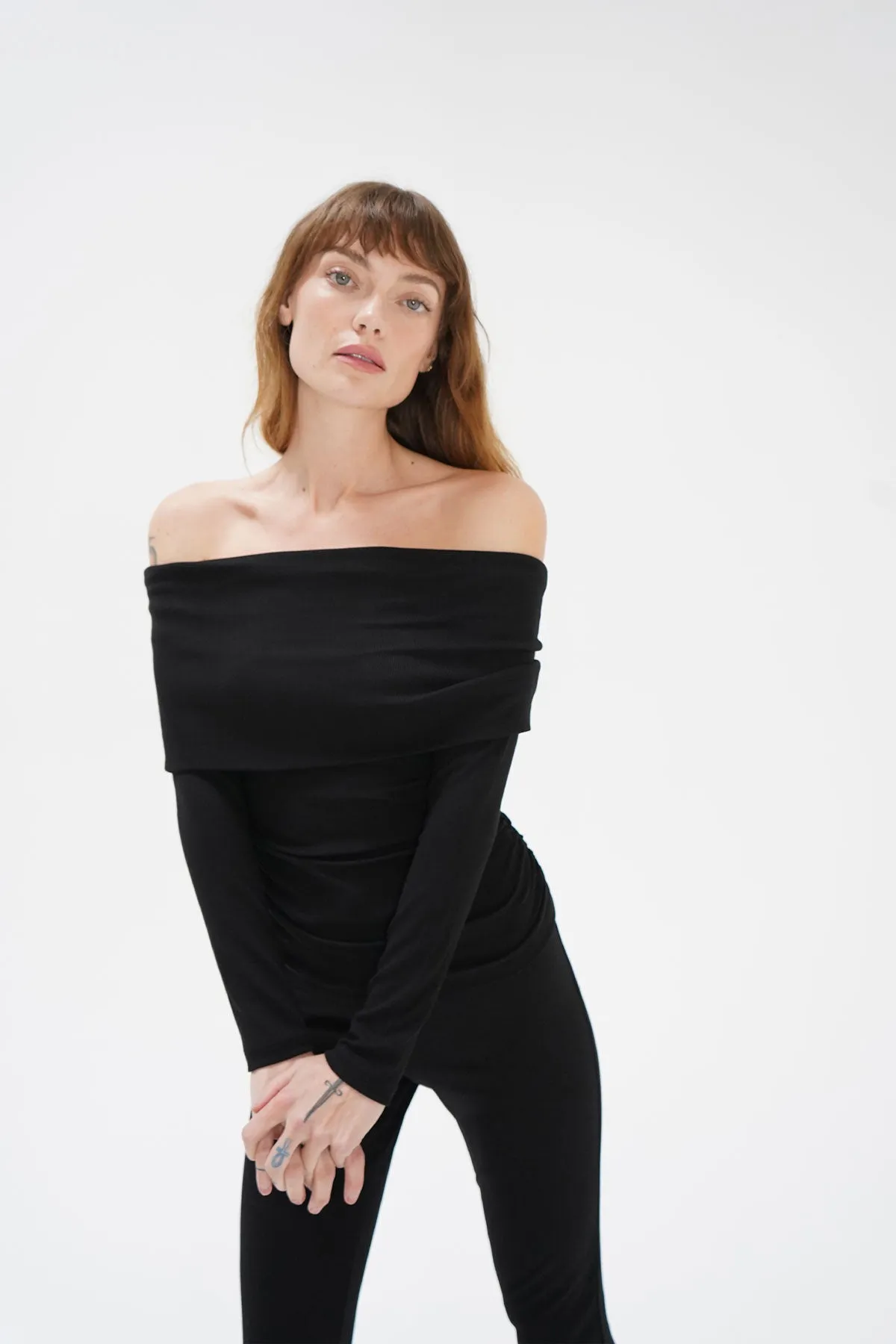 Liya Ribbed Fold Over Top - Black