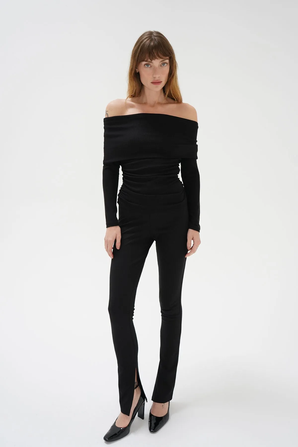 Liya Ribbed Fold Over Top - Black