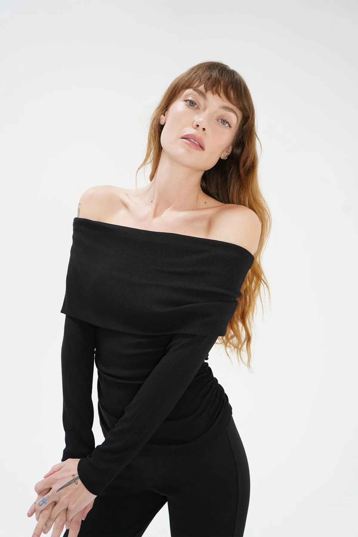 Liya Ribbed Fold Over Top - Black