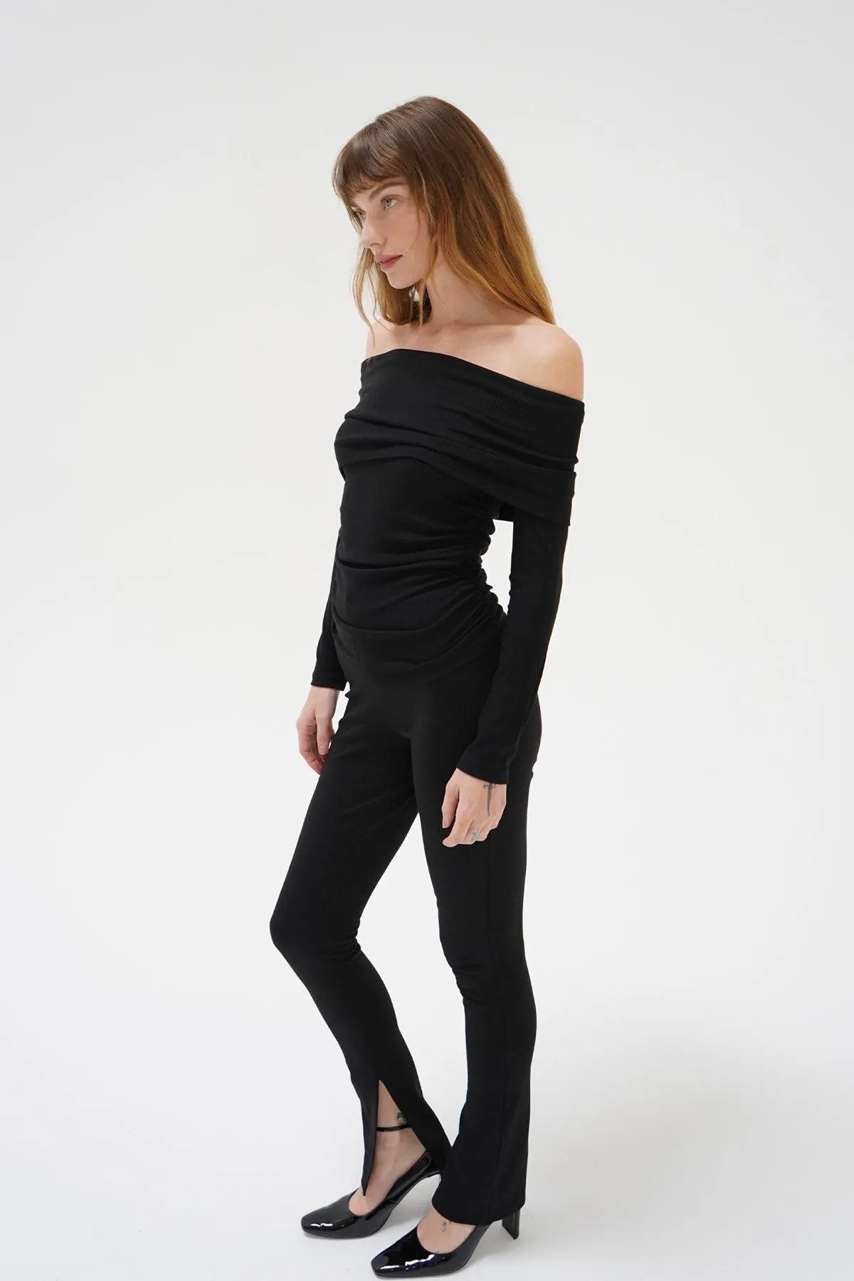 Liya Ribbed Fold Over Top - Black