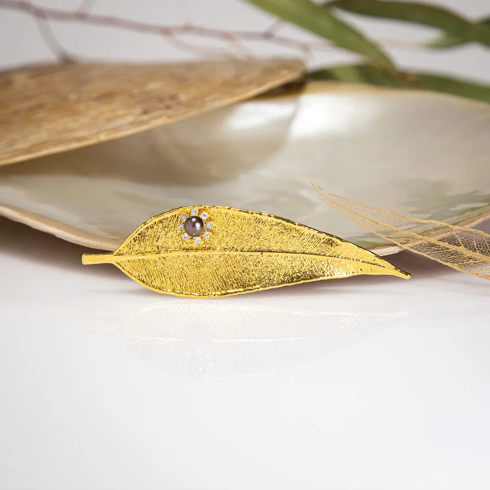 Pearls & Sparkling Zirconia on Eucalyptus Red Gum Leaf Gold Brooch