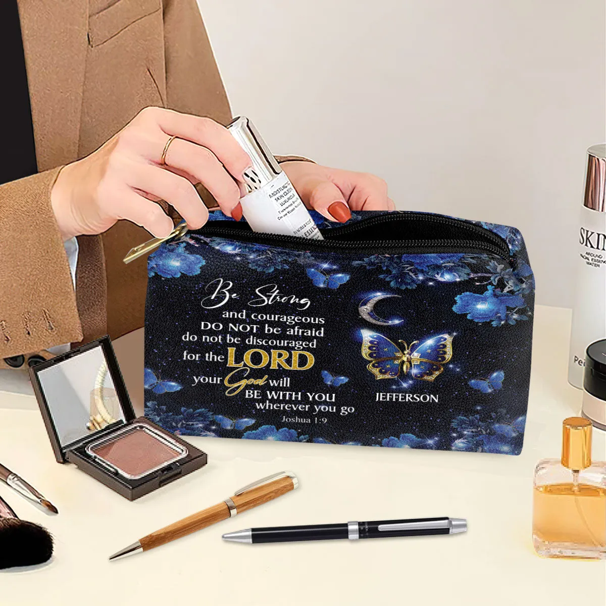 Personalized Leather Pouch With Zipper Joshua 19 Do Not Be Afraid Do Not Be Discouraged - Christ Gift For Women Of God