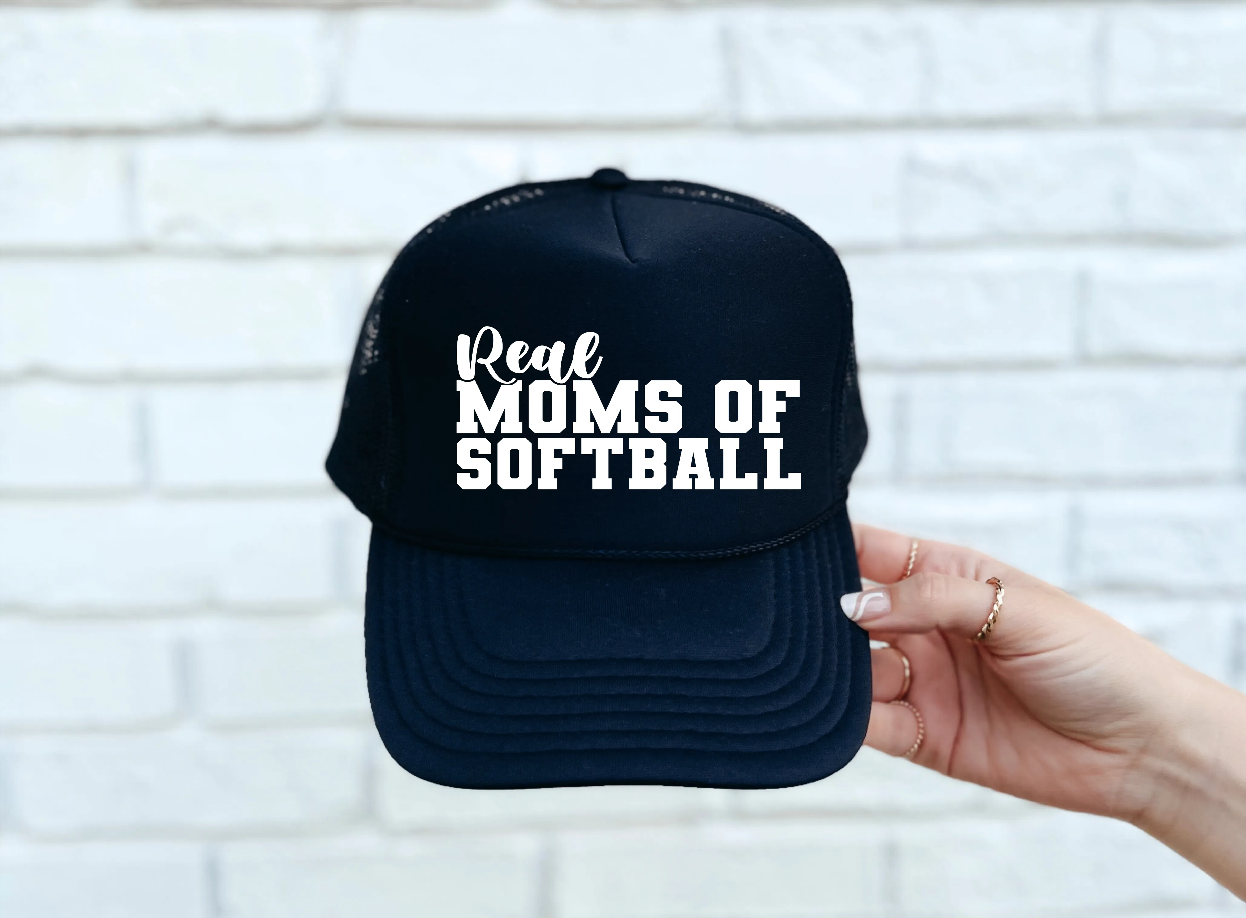Real Moms of Softball DTF Printed Black Trucker Hat