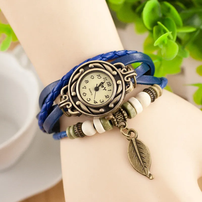 Retro Style Leaf Pendant Multilayer Watch