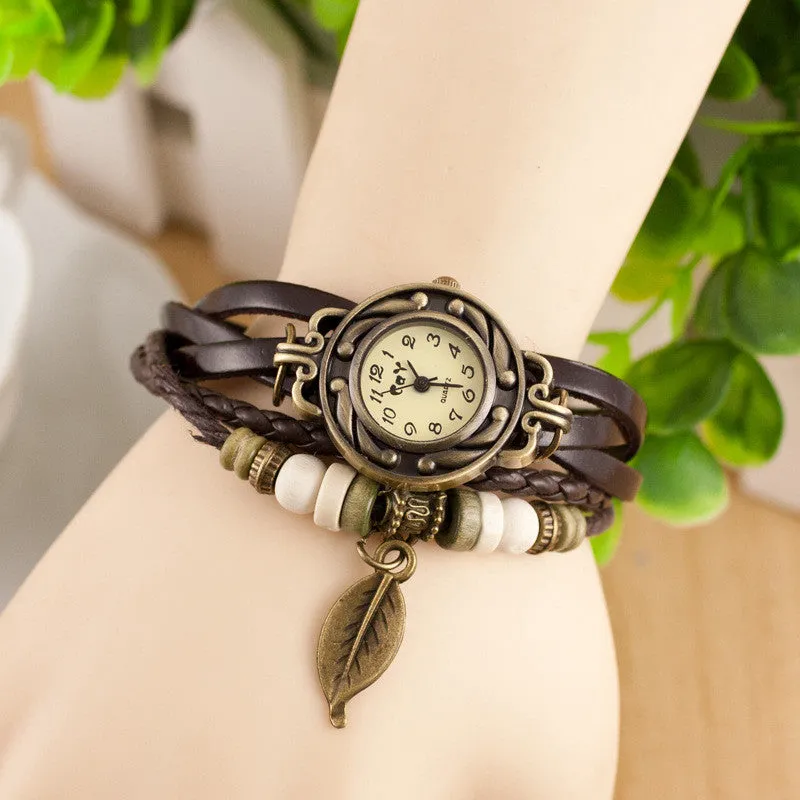 Retro Style Leaf Pendant Multilayer Watch