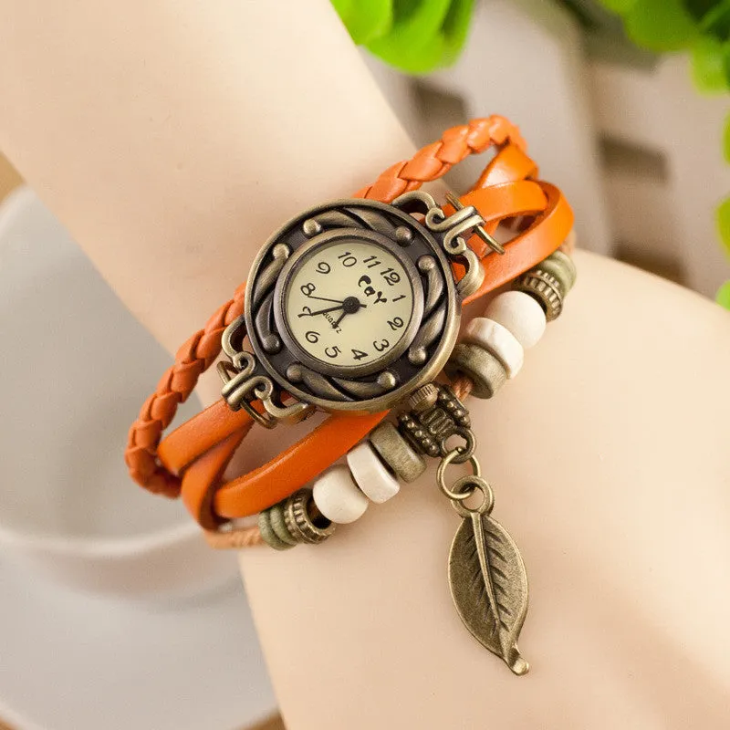 Retro Style Leaf Pendant Multilayer Watch
