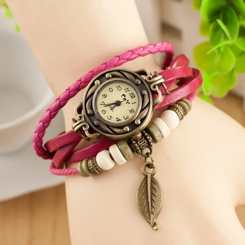Retro Style Leaf Pendant Multilayer Watch
