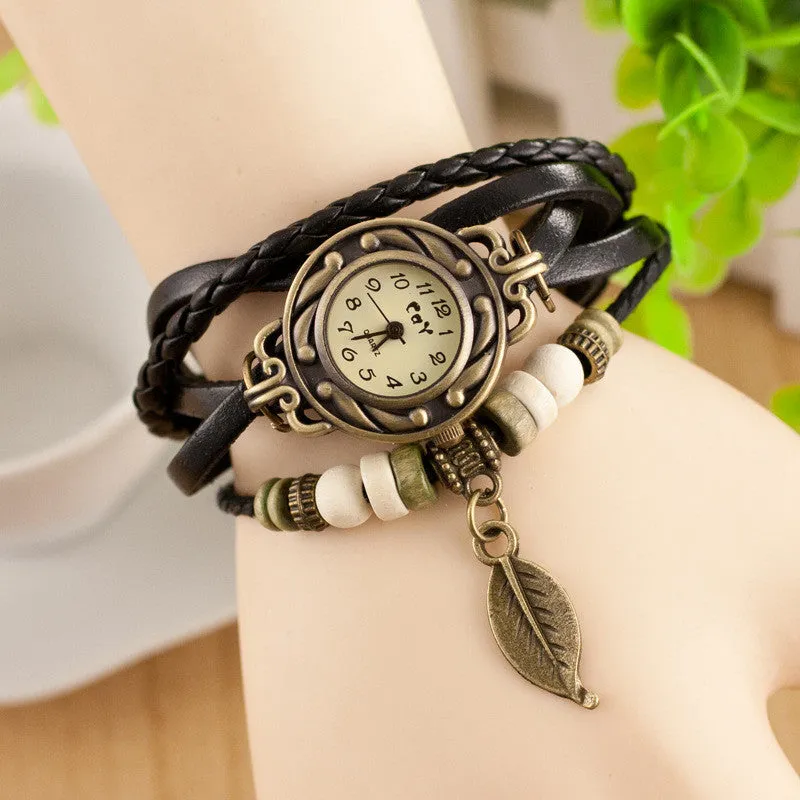 Retro Style Leaf Pendant Multilayer Watch