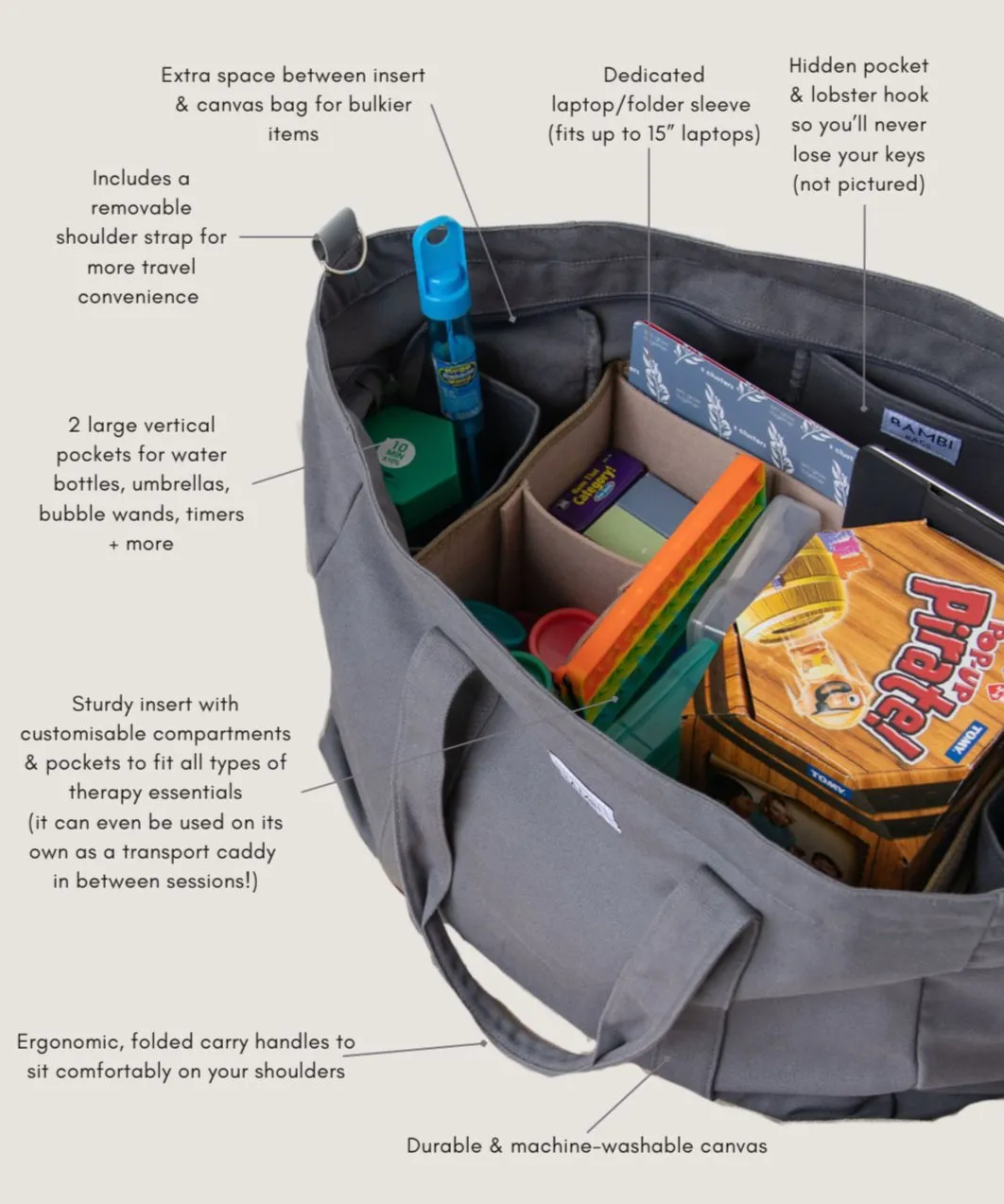 The Essential Bambi Bag Charcoal with lined insert